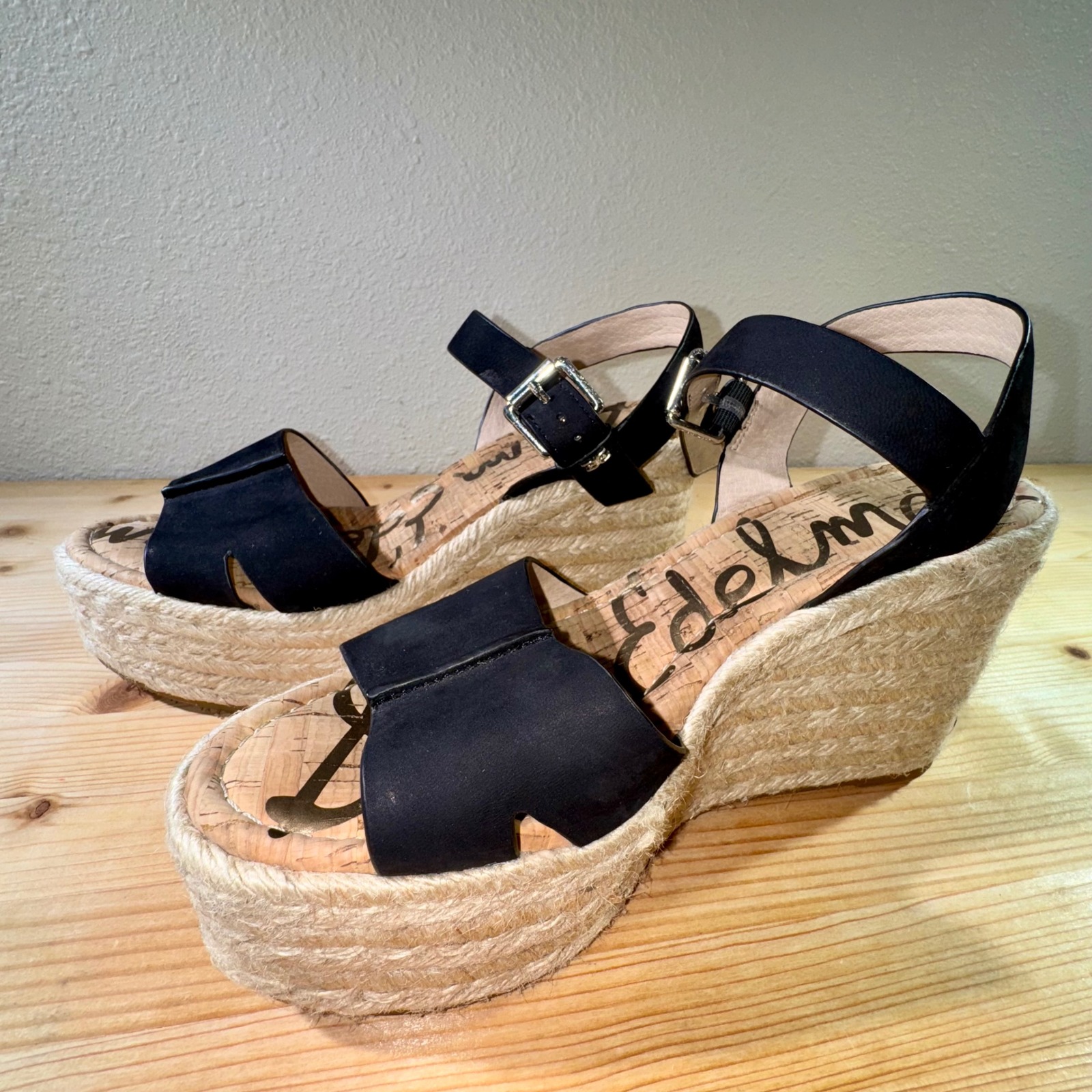 Sam Edelman Espadrille Platform Wedge Sandals Black Leather Size 9.5m